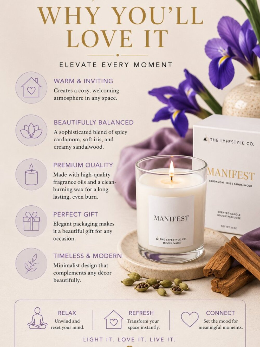 The Lyfestyle Co Manifest 8 oz Candle Cardamom Iris Sandalwood Luxury NIB - Picture 3 of 5
